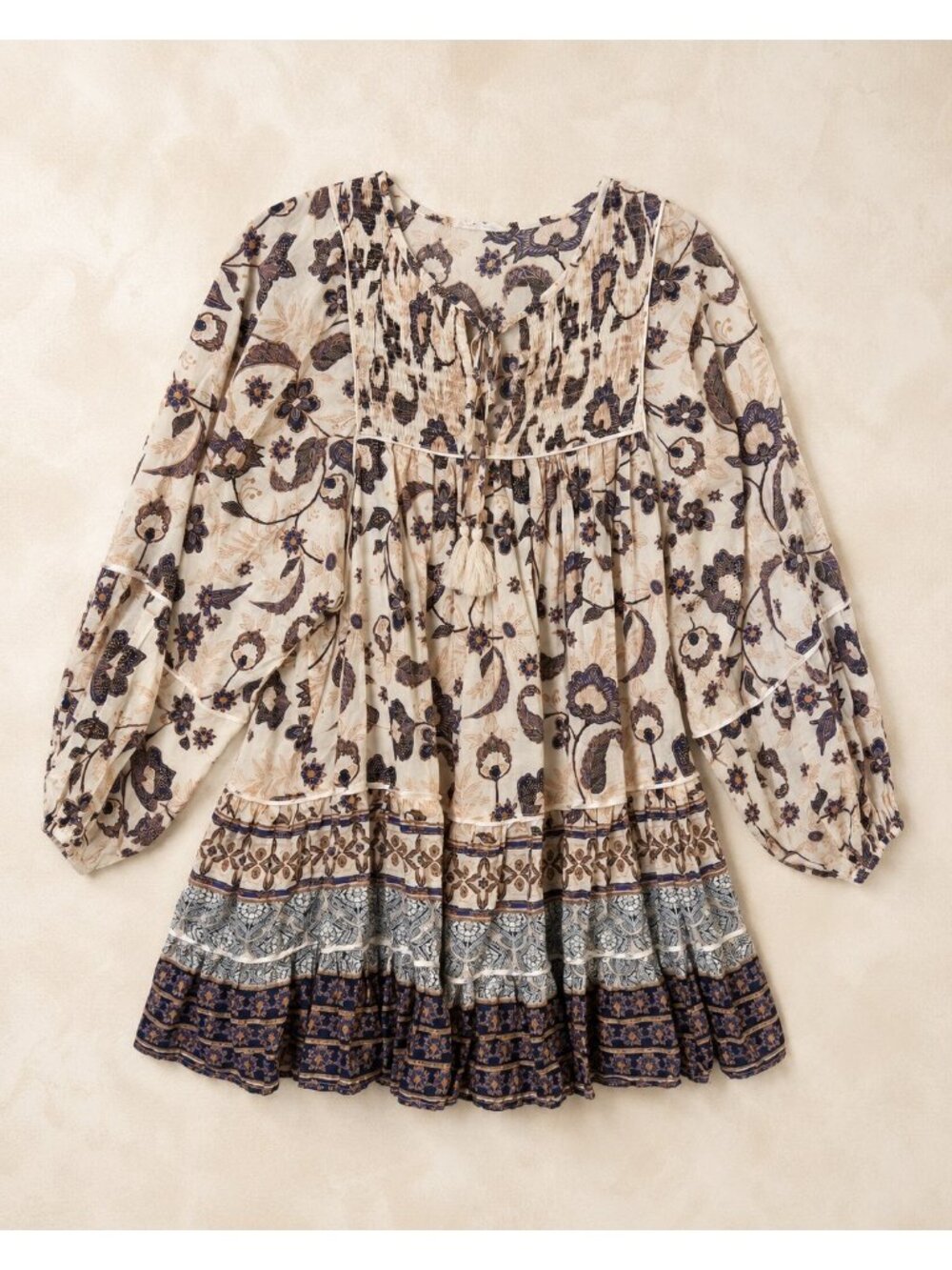 Tahlulah Floral Boho Peasant Dress Medium Multicolor 100% Cotton Long Sleeve